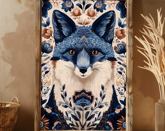Fox Blue - Lámina artística de animales de estilo folk, arte floral, decoración de pared estilo cottagecore, ilustración boho de animales, vintage, imprimible, arte digital, idea de regalo