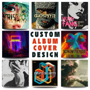 Può includere: Una collezione di nove design di copertine di album personalizzate. Le copertine presentano diversi stili, tra cui ritratti, arte neon e grafica astratta. Il testo include titoli di album e nomi di artisti, con un design centrale.