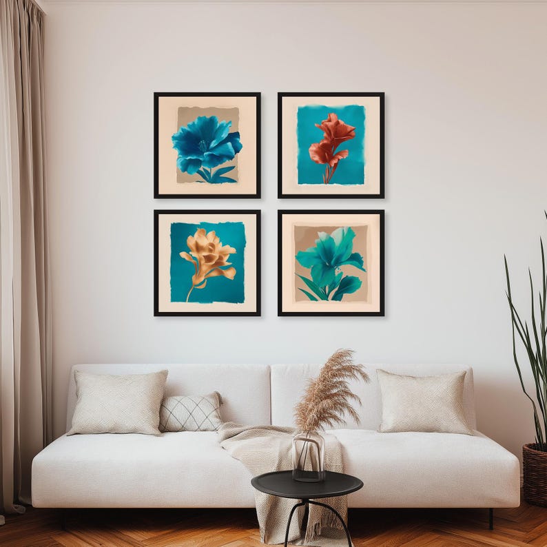 Flower Art Print - 4 Piece Printable Art Set, Botanical Print, Digital ...