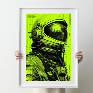 Poster verde astronauta - Illustrazione, stile mezzitoni, stampabile, download digitale, arte murale, stampa artistica, arredamento per la casa, idea regalo, spazio