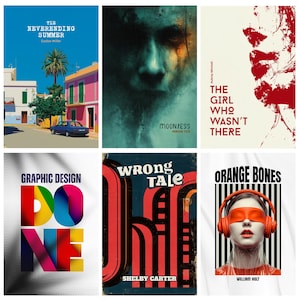 May include: Collection of book covers with various designs. One features a coastal scene with a blue car. Another has a face with a teal hue. Other covers include bold text and graphic elements, with titles like "Wrong Tale" and "Orange Bones."