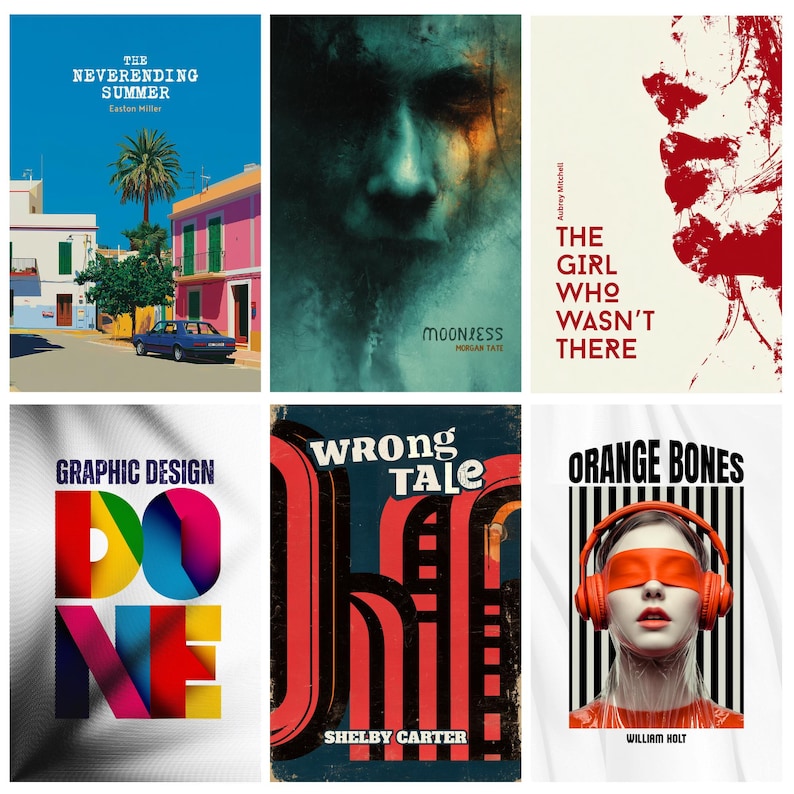 May include: Collection of book covers with various designs. One features a coastal scene with a blue car. Another has a face with a teal hue. Other covers include bold text and graphic elements, with titles like "Wrong Tale" and "Orange Bones."