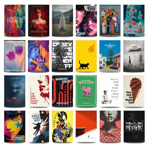May include: A collection of book covers with various designs and titles. The covers feature diverse illustrations, including portraits, abstract art, and graphic designs. Colors range from vibrant reds and blues to softer pastels, showcasing a variety of artistic styles.