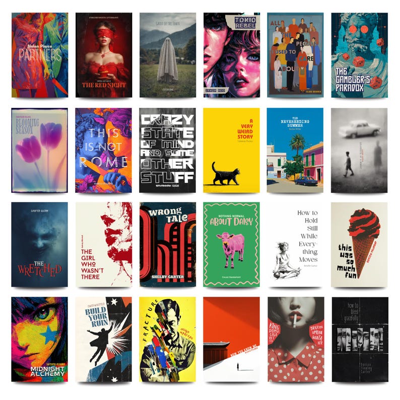 May include: A collection of book covers with various designs and titles. The covers feature diverse illustrations, including portraits, abstract art, and graphic designs. Colors range from vibrant reds and blues to softer pastels, showcasing a variety of artistic styles.