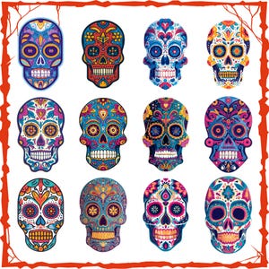 May include: A collection of twelve vibrantly colored sugar skull illustrations. Each skull features intricate floral and geometric patterns in a variety of colors, including blue, orange, pink, and yellow. The skulls are set against a white background, framed by a decorative orange border.