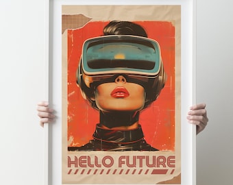 Hola Futuro - Arte imprimible retrofuturista, arte digital, descarga instantánea, arte mural, láminas, estilo vintage, idea de regalo, para amantes de la ciencia ficción