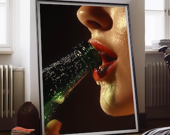 Fotografía de mujer bebiendo cerveza: imprimible, descarga digital, arte mural, impresión artística, decoración del hogar, regalo, ideal para pubs, cafeterías, bares y restaurantes.