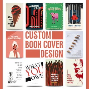 May include: A collection of custom book cover designs. The covers feature various illustrations and text, including an ice cream cone, a pink cow, and the words "WHAT YOU OWE". The overall color scheme includes red, black, white, and green.