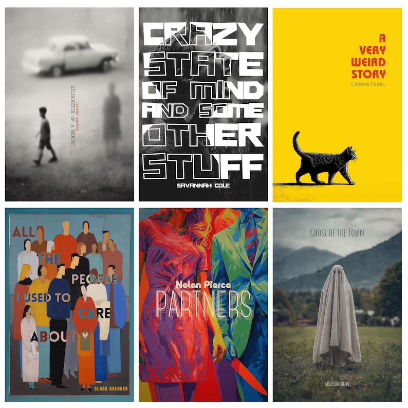 May include: Collection of book covers. One features a black and white image of a child walking towards a car. Another has the text "CRAZY STATE OF MIND AND SOME OTHER STUFF". Other covers include a black cat, a group of people, and a ghost.