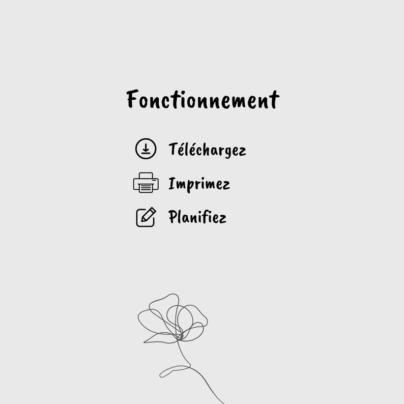 May include: A light gray background with the word "Fonctionnement" in a handwritten font. Below are three icons with corresponding text: "T&eacute;l&eacute;chargez", "Imprimez", and "Planifiez". A line drawing of a flower is at the bottom.
