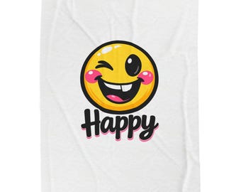 Happy Wink Emoji Plush Blanket | kawaii minimal, thick outline, mood face