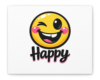 Happy Winking Emoji Canvas, Bold Cartoon kawaii minimal, thick outline