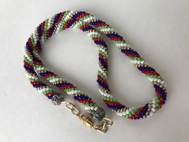 Vintage Red White Blue Green Gold Beaded Rope Necklace