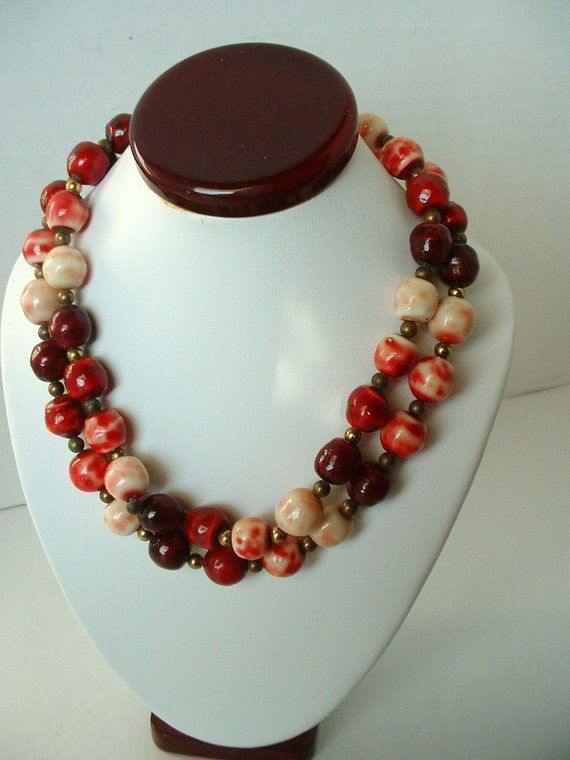 Vintage CZECH Cranberry Glass Bead Necklace Exqui… - image 1