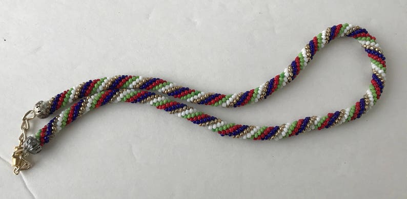 Vintage Red White Blue Green Gold Beaded Rope Necklace