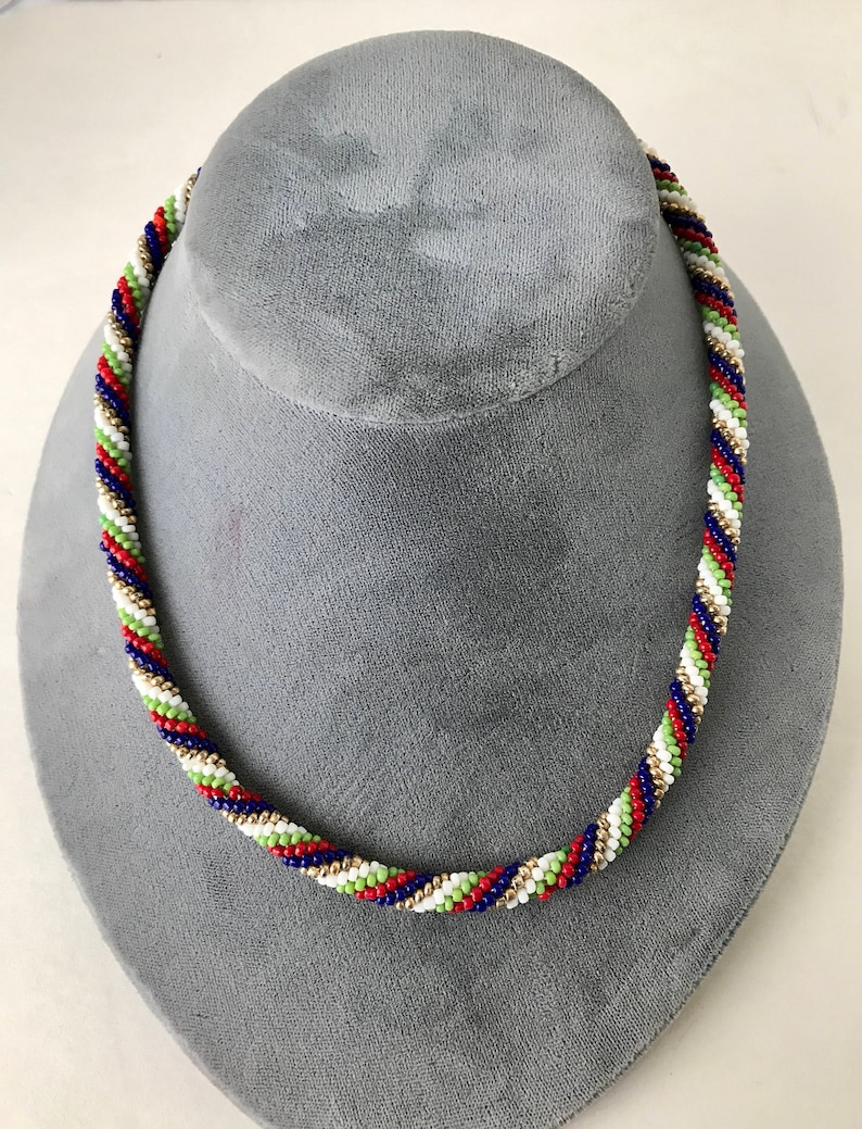 Vintage Red White Blue Green Gold Beaded Rope Necklace