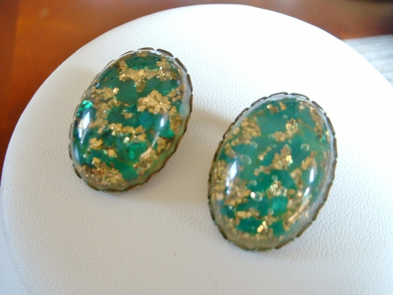 green gold and MOP glitter Lucite confetti rare style clip on earrings button covers Pink