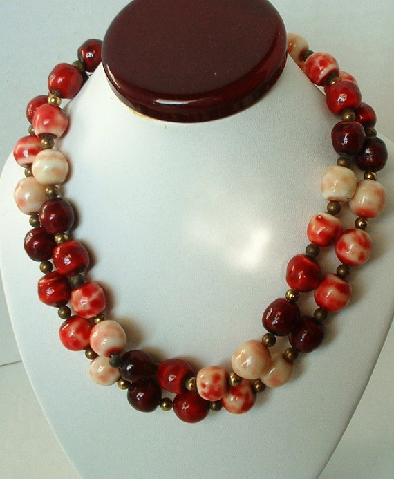 Vintage CZECH Cranberry Glass Bead Necklace Exqui… - image 3