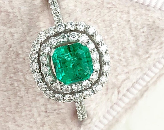 Asscher Cut Emerald and Double Halo Ring