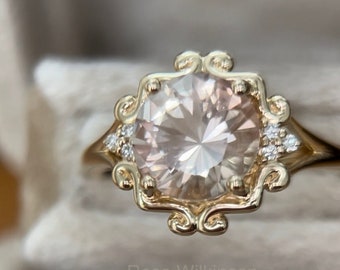 Oregon Sunstone and Diamond Ring Peach and Champagne Tones