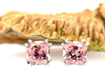 Pink Tourmaline Assher Cut Stud Earrings Double Prongs