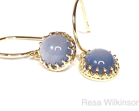 Blue Chalcedony Crown Inspired Dangle Earrings 14k