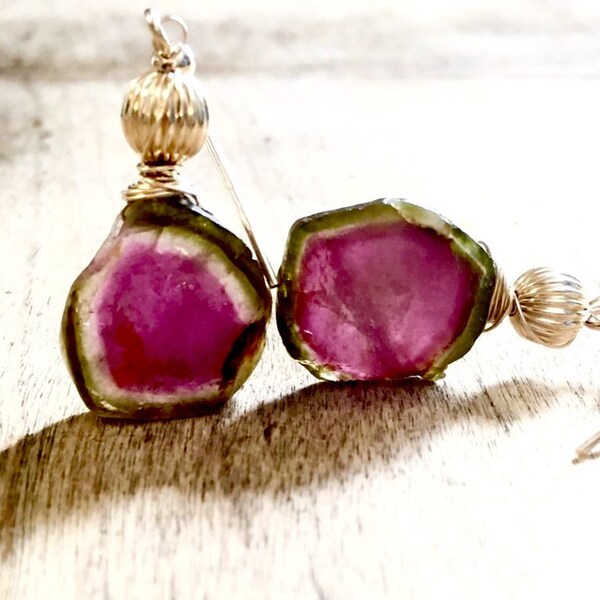 Watermelon Tourmaline Slice Earrings Gold