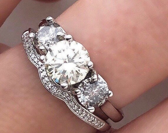Three Diamonds Engagement Ring 1.75 Carats with Matching Diamond Band Ready to Ship