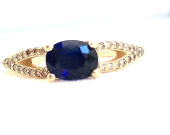 Oval Blue Sapphire and Champagne Diamond Ring East West Setting 14k Gold