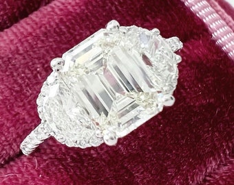 Emerald Cut and Half Moon Three Stone Halo Engagement Ring Certified VVS1 Diamond 2.58 Carat