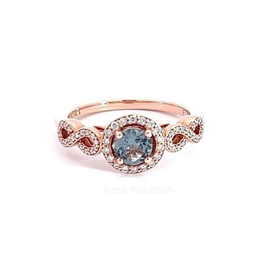 Blue Spinel and Diamond Halo Rose Gold Engagement Ring Infinity Design