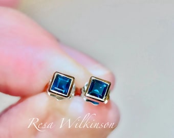 Blue Sapphire Petite Bezel Set Stud Earrings 14k white