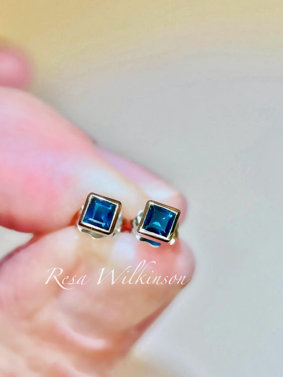 Blue Sapphire Petite Bezel Set Stud Earrings 14k white