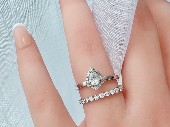 Pear Shape Natural Diamond Shield Design Halo Engagement Ring 14k White