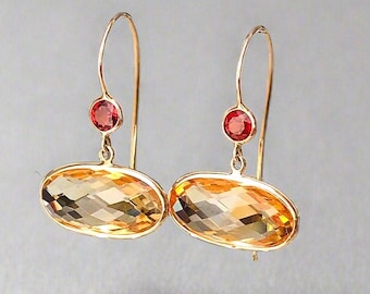 Large Oval Checkerboard Cut Citrine and Garnet Gold Dangle Earrings