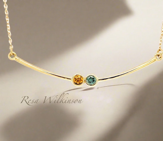 Blue Diamond and Yellow Sapphire Two Stone Bar Necklace 14k Gold