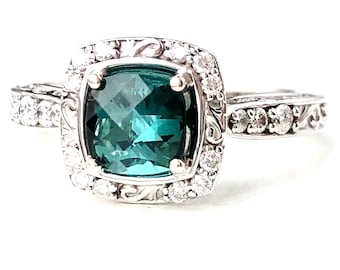 Cushion Cut Teal Tourmaline and Diamond Halo Ring