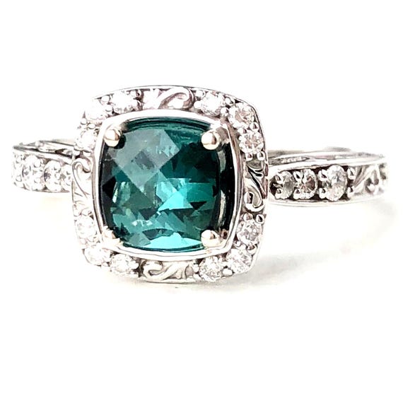 On Sale Teal Tourmaline Diamond Halo Ring