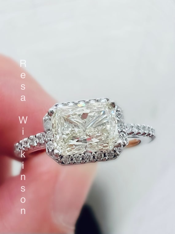 Radiant Cut 1.21 Carat Natural Diamond Halo Engagement Ring East West Setting