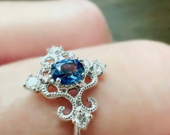 Vintage Inspired Sapphire and Diamond Ring Art Deco 14k