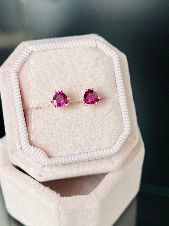 Ruby Stud Earrings Triangle Trillion Shape 14k