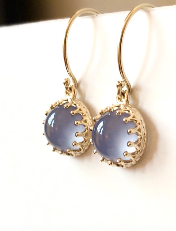 Blue Chalcedony Crown Inspired Dangle Earrings 14k