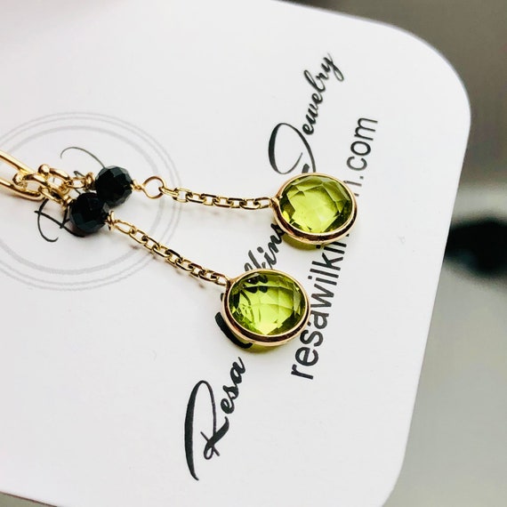 Peridot and Black Spinel Dangle Bezel Dangle Earrings 14k Gold Ready to Ship