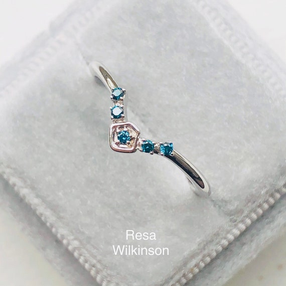 Teal Blue Diamond Art Deco Inspired Contour Ring