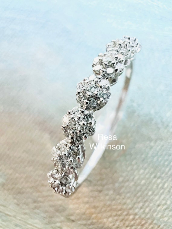 Seven Flowers Diamond Cluster Halo Anniversary Ring 14k White