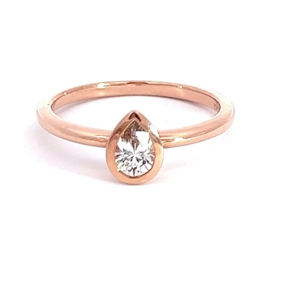 Pear Shaped Natural White Sapphire Engagement Ring 14k Rose Gold