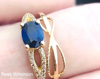 Oval Blue Sapphire and Champagne Diamond Ring East West Setting 14k Gold