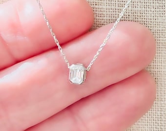 Emerald Cut Natural Diamond Slide Necklace 14k White