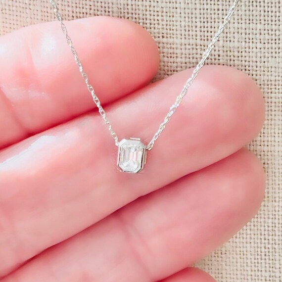 Emerald Cut Natural Diamond Slide Necklace 14k White