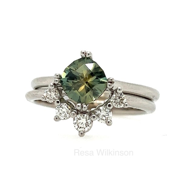 Bicolor Cushion Cut Montana Sapphire Engagement with Matching Diamond Band